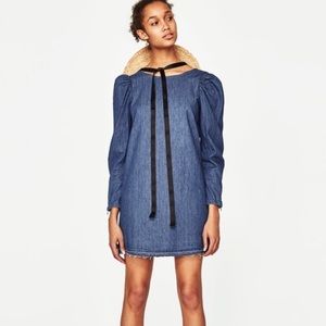 Zara Raw Hem Denim Cut Out V Back Puff Sleeves Mini Dress